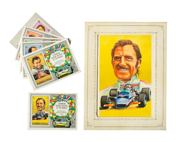 A watercolour portrait of Graham Hill, an original design used for an Ajman postage stamp, 1971,