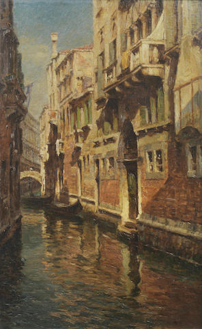 Carlo Brancaccio (Italian, 1861-1920) Sunlight on a canal, Venice