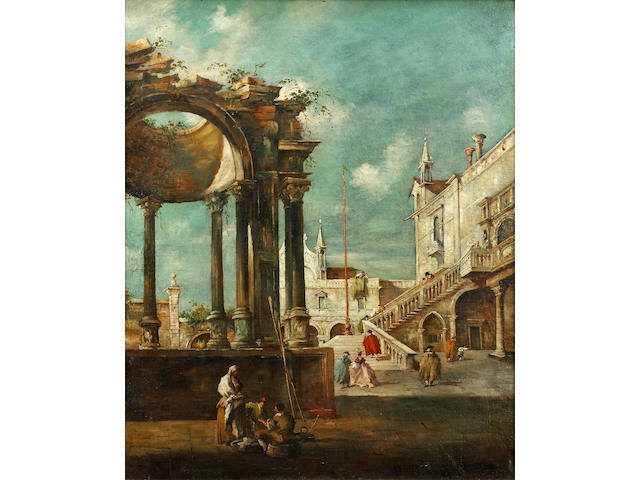 Manner of Giovanni Antonio Canaletto, 20th Century Elegant figures on steps in an Italian Courtyard with peasants chatting by a ruined Cupula - SENT TO OLD MASTERS DEPARTMENT IN LONDON FOR FURTHER RESEARCH