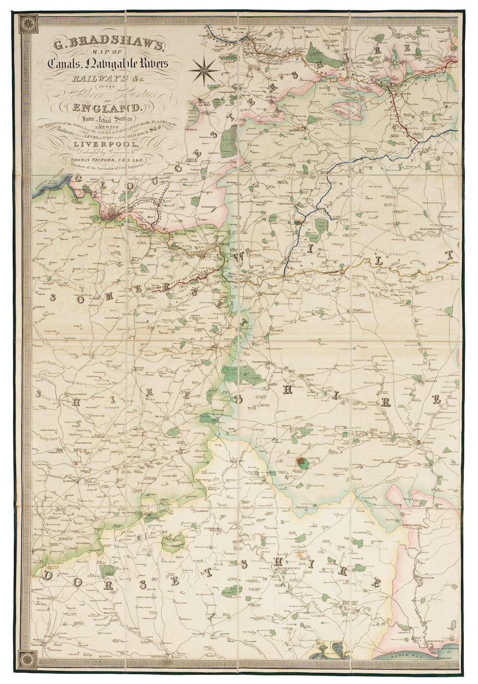 RAILWAYS BRADSHAW (GEORGE) Map of Canals, Navigable Rivers, Railways &c. in the Southern Counties of England, from Actual Survey, dedicated to Thomas Telford, map in 3 parts, 1832; and text volume (4)