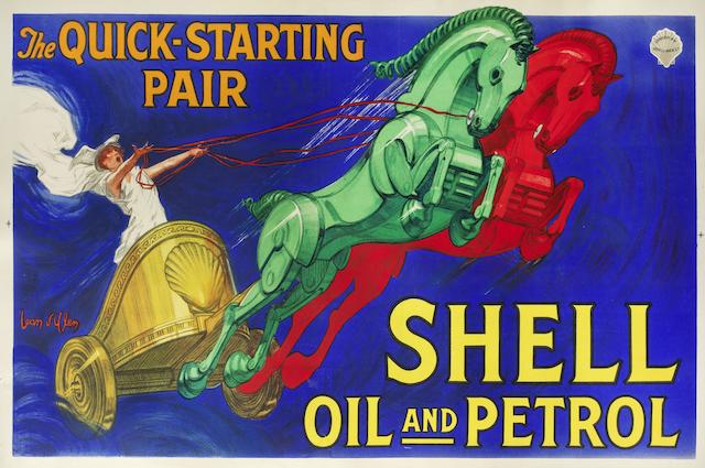 A 'Shell Oil and Petrol, The quick starting pair' advertising poster by Jean D'Ylen, 1927,