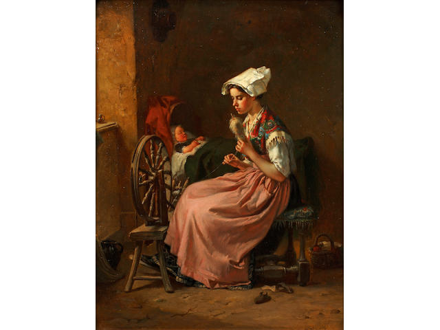 Fran&#231;ois-Louis Lanfant de Met (French, 1814-1892) Young woman spinning at a child's bedside