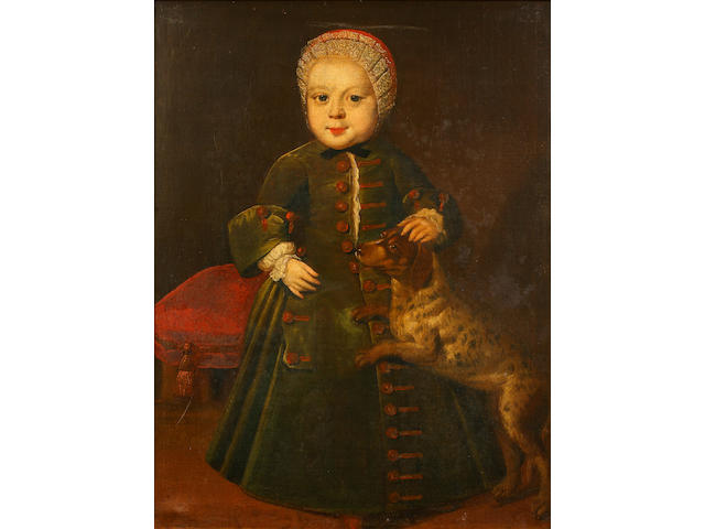 English Provincial School, 18th Century Portrait of a young girl, believed to be Ann Wells, standing with her pet dog