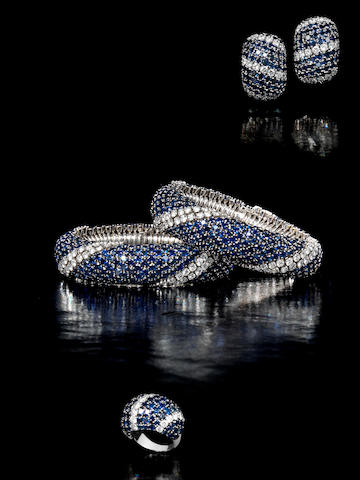 A sapphire and diamond "Pelouse" suite, by Van Cleef & Arpels,
