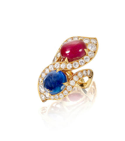 A ruby, sapphire and diamond ring and earclip suite, by Bulgari,