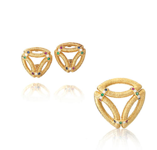 A gem-set brooch and earring suite, by Boucheron,
