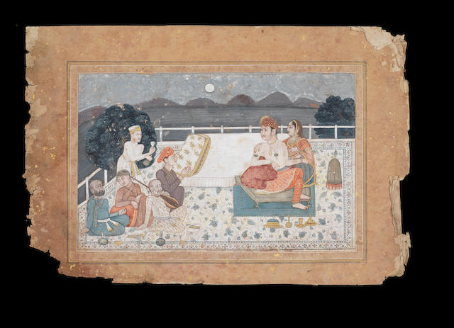 Prince Bidar Bakht seated on a terrace with his mistress and musicians Deccan, 18th Century