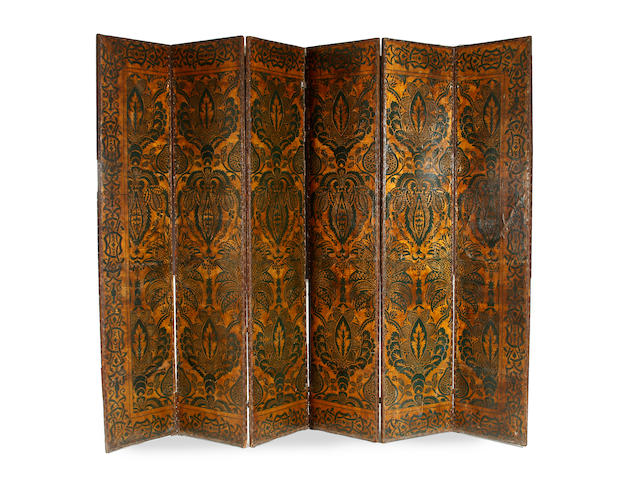 A large six panel part leather room dividing screen