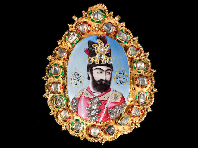 A magnificent, large, diamond-set enamelled gold Portrait of Muhammad Shah Qajar (r. 1834-48) Persia, circa 1835-40