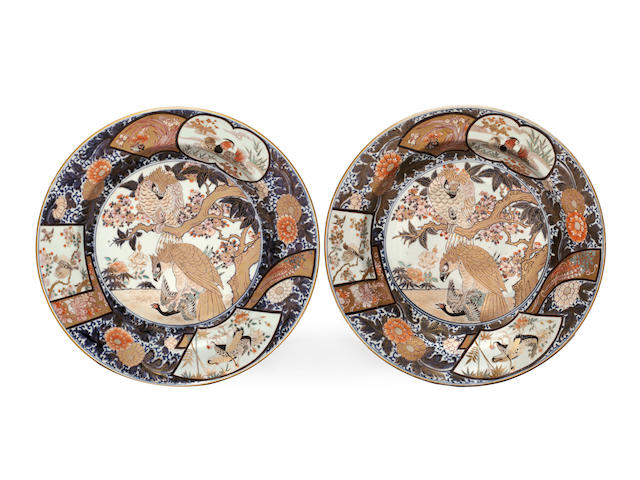 A pair of large and impressive Japanese Imari chargers, late 18th century