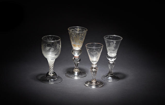 Four European engraved glasses, 18th century