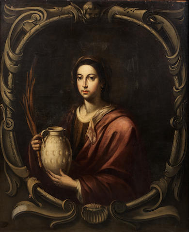 School of Seville, 17th Century Portrait of a lady, half-length, holding a pitcher, within a painted stone cartouche