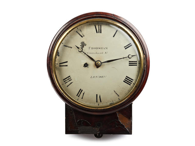A William IV mahogany and cut brass drop dial wall timepiece, the 8" white enamel dial with Roman numerals and signed 'Frodsham Gracechurch St, London', with key