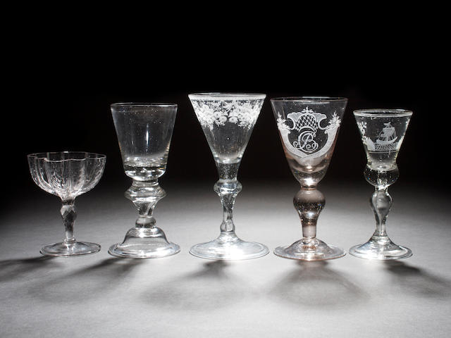 A Lauenstein goblet, two Dutch goblets, a German or Silesian sweetmeat glass, and a goblet, circa 1740-60