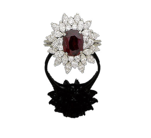 Bonhams : A ruby and diamond cluster ring,