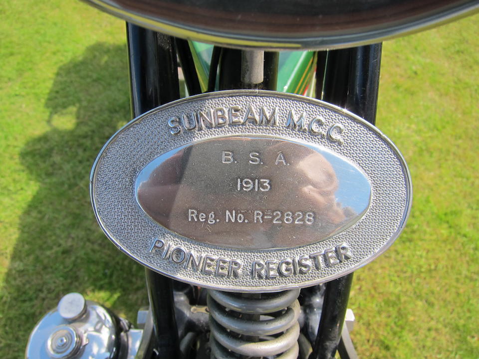 Single family ownership since 1958; previously owned and restored by ex-VMCC President Walter Green,1913 BSA 4&#188;hp (see text) Frame no. 4317 (not visible) Engine no. 16438