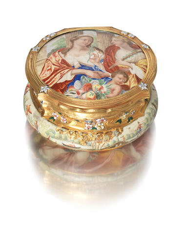 A 17th and 18th century enamel and gold mounted "watch case" snuff box the watch case circa 1650, the gold mount circa 1740