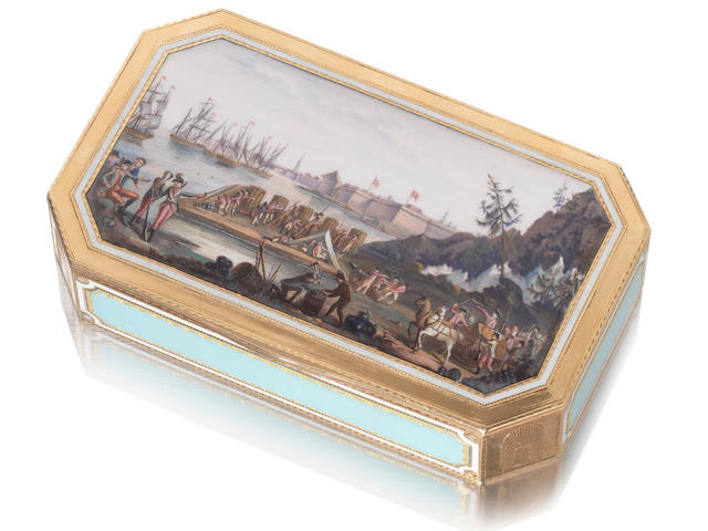A rare early 19th century Swiss   gold and enamelled snuff box by Guidon, R&#233;mond & Co, Geneva, circa 1805