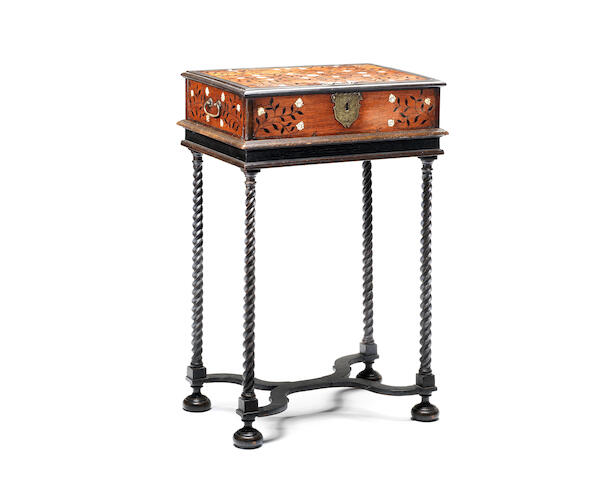 Bonhams A 17th Century Goanese Padouk Ivory And Ebony Floral Marquetry Box On A Later Stand