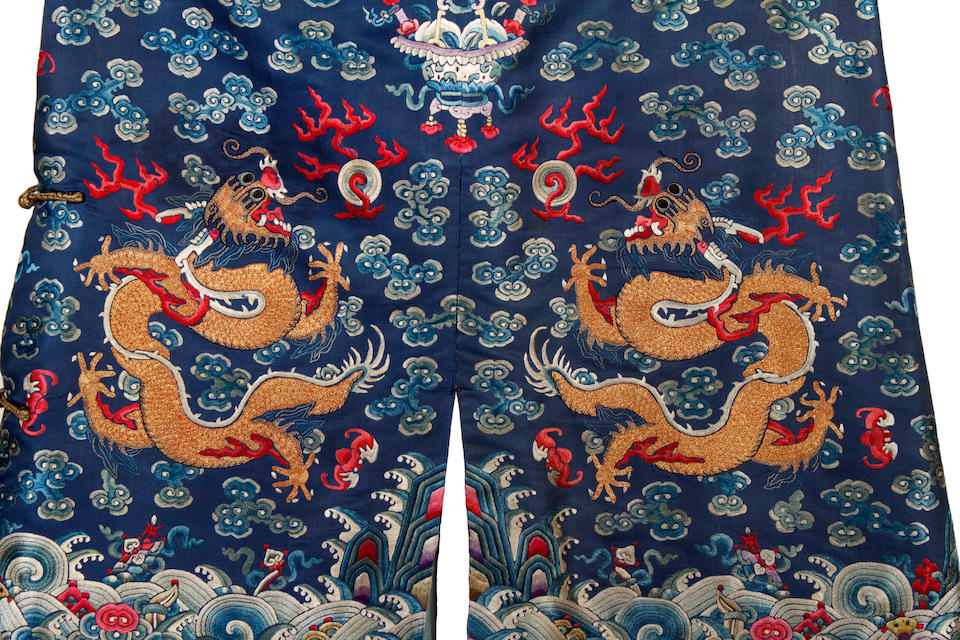 A Chinese embroidered dragon robe or chi-fu, late Qing dynasty