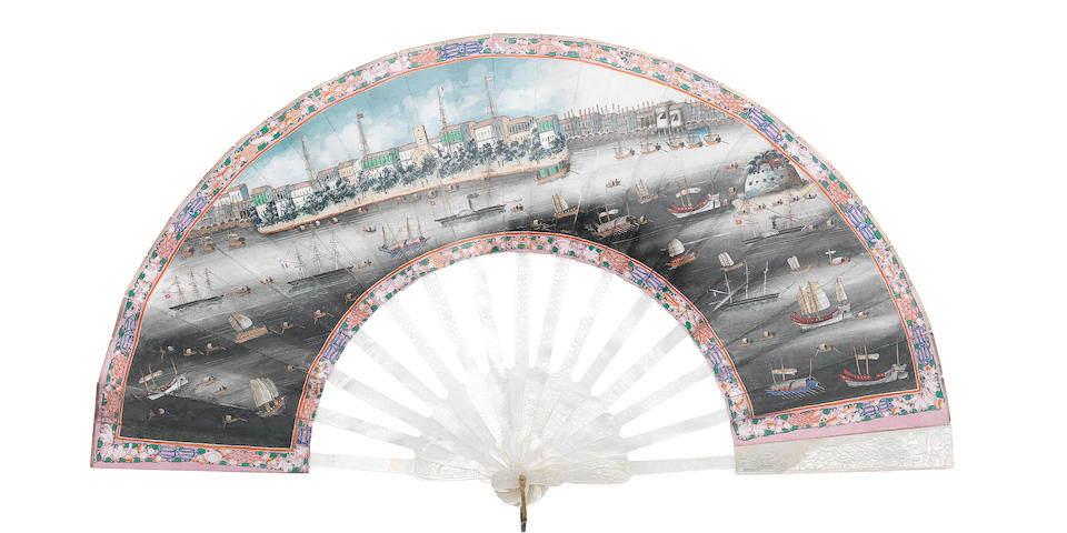 An unusual double-sided mother-of-pearl and gouache on paper 'view of Canton' fifteen-stick fan 1850-1865