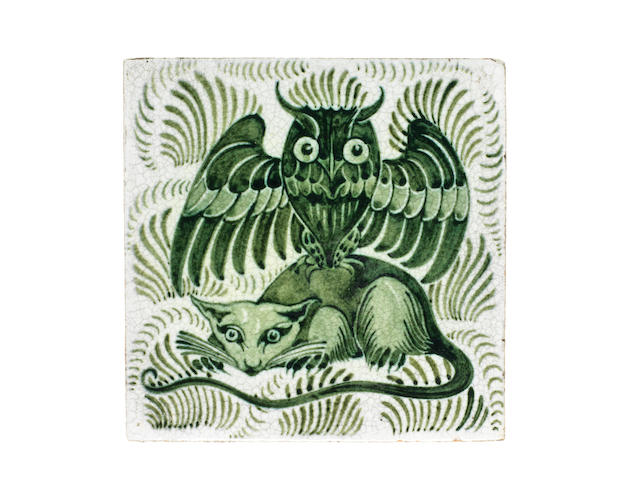 William De Morgan a Tile with Owl and Rat, circa 1900