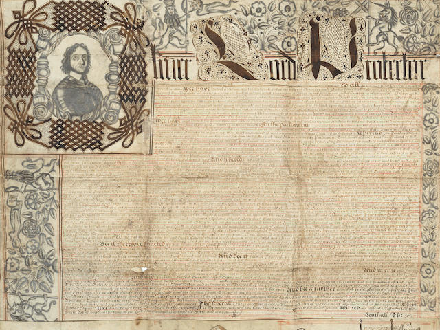 CROMWELL (OLIVER) Initial letter portrait, drawn in plumbago within the letter 'O', on a letters patent issued by Oliver Lord Protector confirming the grant of land in Ireland to Sir Hardress Waller, Westminster, 4 July 1657