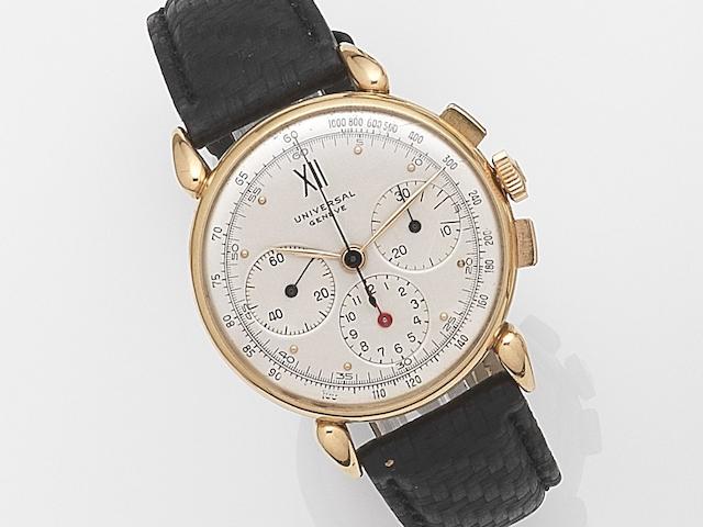 Universal. An 18ct gold manual wind chronograph wristwatch Ref:12247, Case No.1128556, Movement No.251443, Circa 1950
