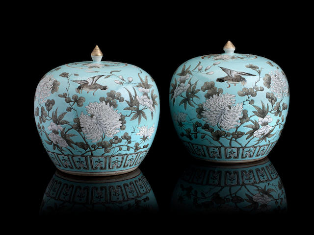 A pair of turquoise ground jars with covers Late 19th/early 20th century