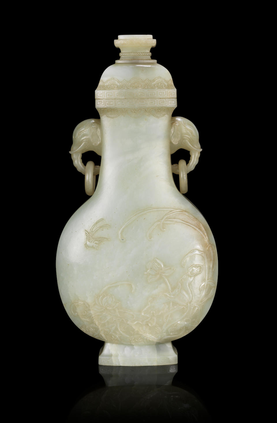 An Imperial very pale green jade 'swallow and lotus' vase and cover Qianlong six-character fang gu mark and of the period  (2)