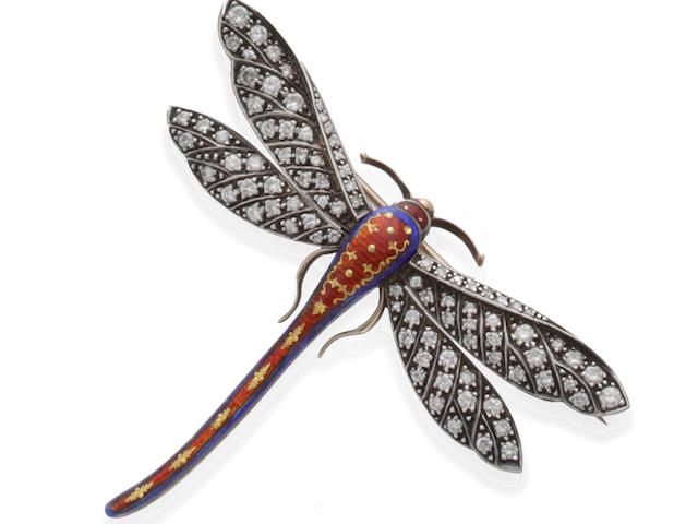An enamel and diamond set dragonfly brooch