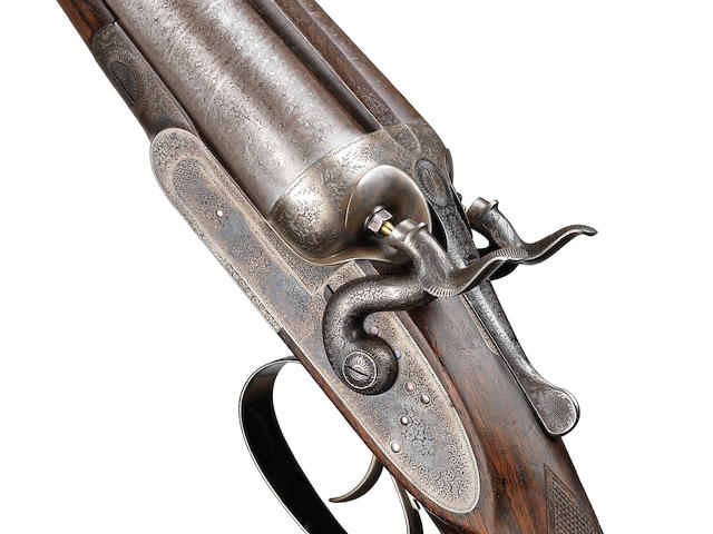 A fine 12-bore sidelock hammer gun by J. Purdey, no. 10081. In its brass-mounted oak and leather case (handle missing) with ivory handled accessories