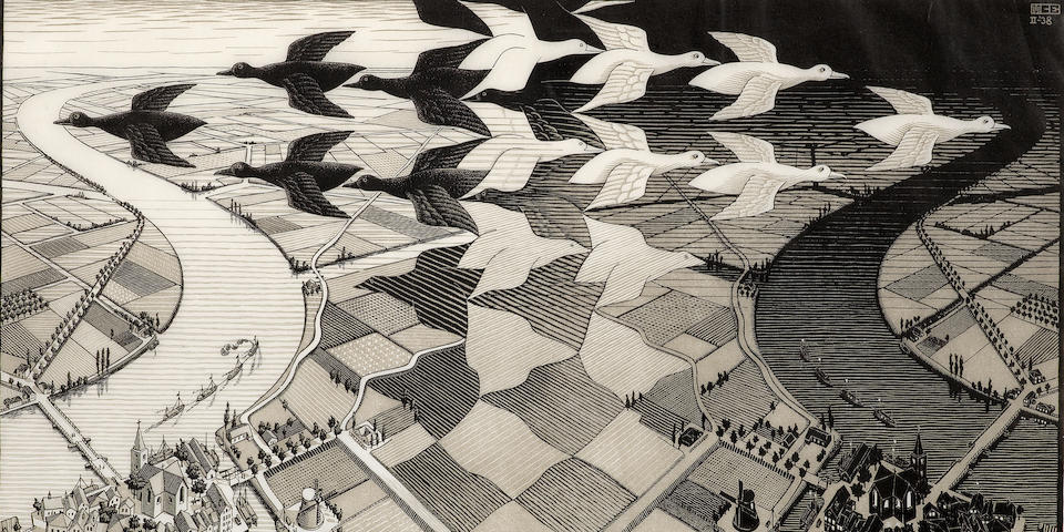 Maurits Cornelis Escher (Dutch, 1898-1972) Day and Night Woodcut printed in black and grey, 1938, on tissue- thin laid japan, signed and inscribed 'eigen druck' in pencil, printed by the artist, with wide margins, 391 x 677mm (15 3/8 x 26 5/8in)(B)