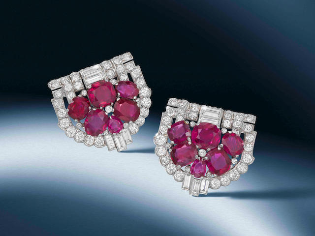 A pair of art deco ruby and diamond clip brooches, by Cartier,