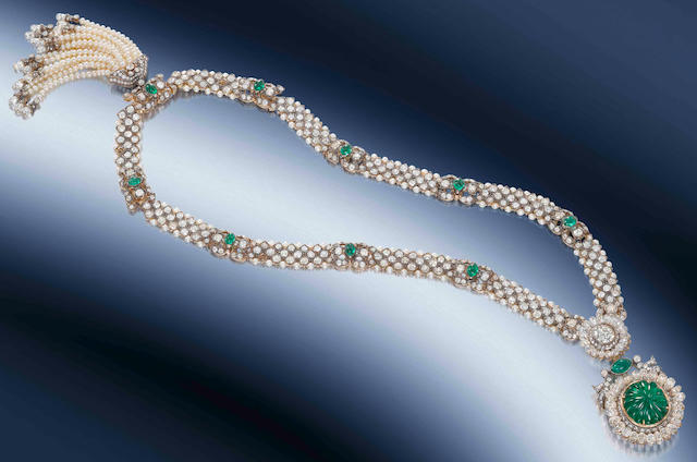 An emerald, pearl and diamond necklace,