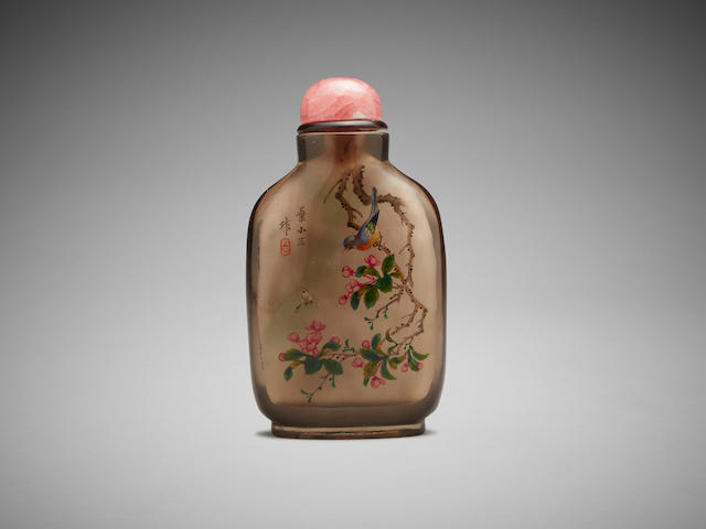 A Chinese inside painted 'bird and flower' smoky-quartz snuff bottle Ye Bengqi, signed Ye Xiaosan, undated