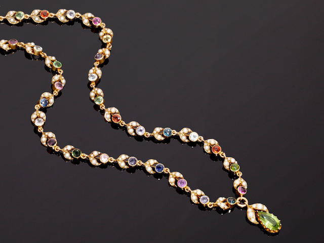 A late Victorian seed pearl and vari gem-set necklace
