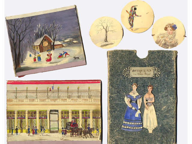 PEEPSHOWS, TOYS and THAMES TUNNEL "Des saisons. Optique double. No. XI", manuscript peepshow with view holes at both ends,1833; and another manuscript peepshow, thames tunnel book, 1828; and various other ephemera (small quantity)