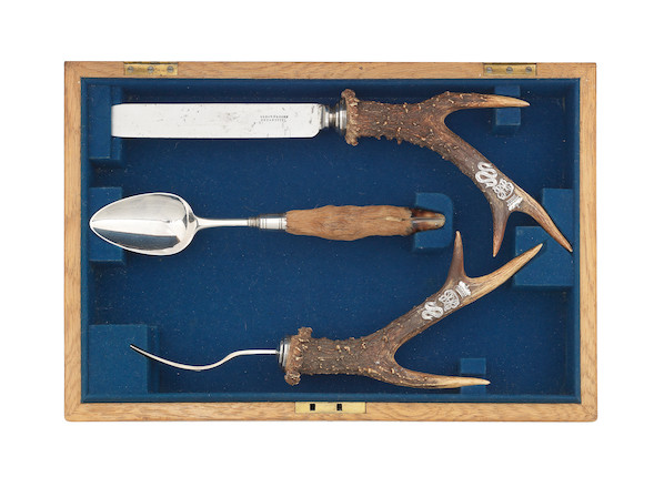 An interesting cased Victorian antler and silver-mounted presentation three-piece place setting by George Unite, Birmingham date letter not visible, engraved date 1865 (3) image 1