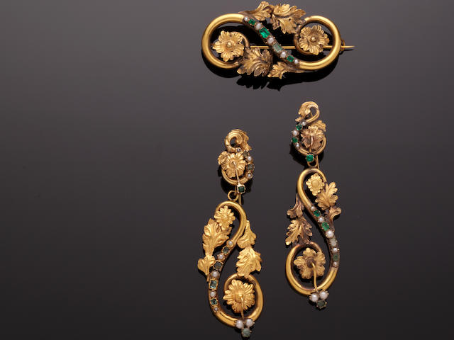 A 19th century half pearl and gem set brooch and ear pendants suite (2)