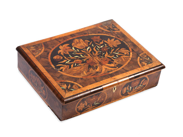 A late 17th century and later oyster-veneered walnut, fruitwood and marquetry lace box, English
