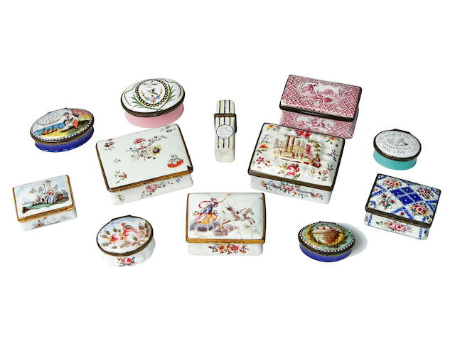 A group of English enamel snuff and patch boxes, late 18th and early 19th century