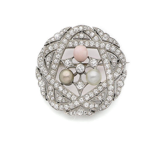 Bonhams : A conch pearl, pearl and diamond brooch,