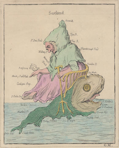 COMIC MAPS [GILLRAY (JAMES)] Britannia, [c.1849]--Dame Venodotia, alis Modryb Gwen. A Map of North Wales, [c.1855]; with engraved "New Map of England France... The French Invasion; - or - John Bull bombarding the Bum-Boats" (3)