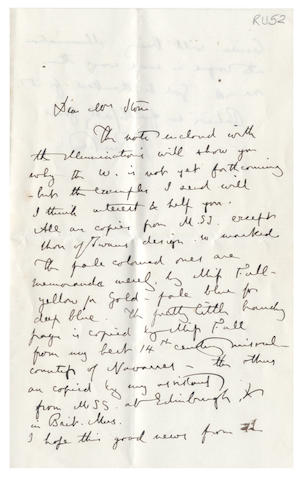 RUSKIN (JOHN) Autograph letter signed ("J Ruskin"), to "Dear Mrs Stone", discussing work copying illuminated manuscripts, no place or date [c.1854-6]