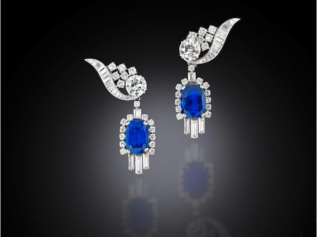 A pair of sapphire and diamond pendent earrings,