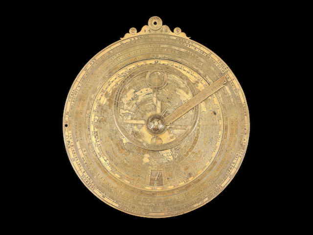 A rare Christoff Schissler gilt brass combined geographical astrolabe and vertical universal, or 'Rojas', sun-dial. , Augsburg, dated 1566
