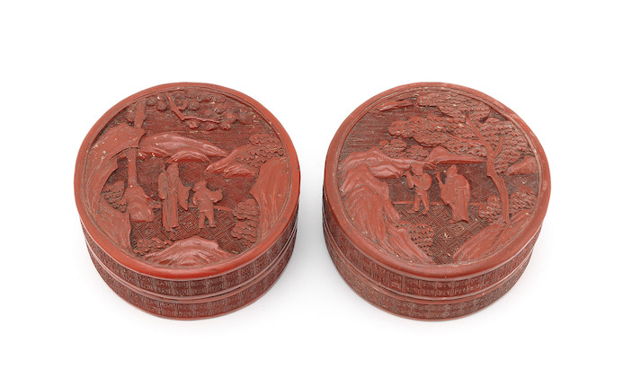 Two cinnabar lacquer circular boxes and covers 18th century (4) image 1