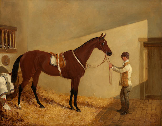 John Frederick Herring, Snr. (British, 1795-1865) Mr G Salvin's bay mare 'Alice Hawthorn' held by her lad