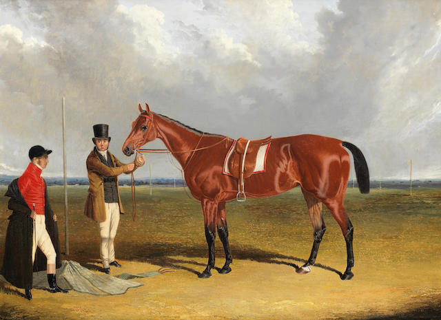John Frederick Herring, Jnr. (British, 1815-1907) Mr H King with his bay mare 'Rosalie' held by her trainer at Royston
